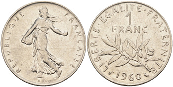 Франция 1 франк 1960 сеятель, тип Semeuse KM 925.1, Le Franc 226.4 никель 4116-1231