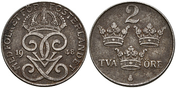 Швеция 2 эре 1948 Густав V (1907-1950) KM 811 железо 4608-412