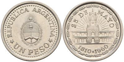 Аргентина 1 песо 1960 150 лет свержения Испанского вице-короля (1810-1960) KM 58, Schon 58, CJ 274 сталь плакированная никелем    60-1022