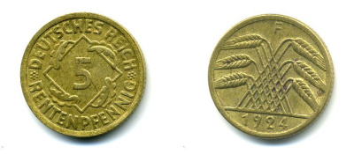 ГЕРМАНИЯ 5 РЕНТПФЕННИГОВ 1924 F J. 308, KM 32 алюминиевая бронза 46-2051