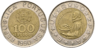 Португалия 100 эскудо 1990 Педру Нуниш (1502-1578), математик KM 645.1 биметалл 4150-1025