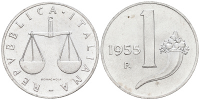 Италия 1 лира 1955 R, весы KM 91 алюминий  UNC  4594-711