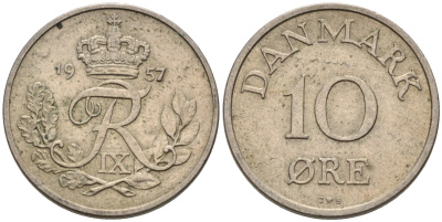 ДАНИЯ 10 ЭРЕ 1957 C; S, ФРЕДЕРИК IX (1947-1972) КМ 841.2 медно-никель 4564-1217
