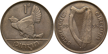 ИРЛАНДИЯ 1 ПЕННИ 1935 КУРИЦА С ЦЫПЛЯТАМИ KM 3 бронза 650-1643