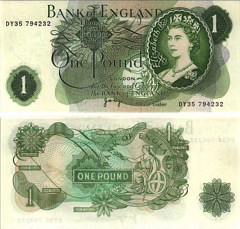 АНГЛИЯ 1 ФУНТ 1970-1977 ПОДПИСЬ J.B. PAGE Pick 374g бумага UNC (ПРЕСС) 7214-1-4-1