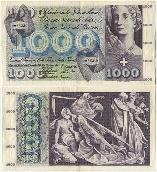 Швейцария 1000 франков 1960 танец смерти, подписи Brenno Galli, Motta, Kunz Pick 52d бумага 000-000-00