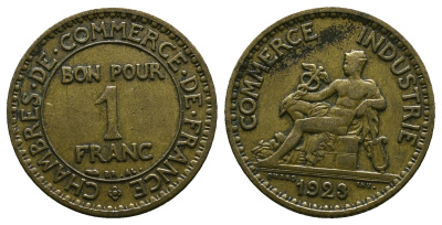 ФРАНЦИЯ 1 ФРАНК 1923 CHAMBRES DE COMMERCE KM 876, LE FRANC 218.5 алюминиевая бронза 261-923