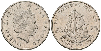 Восточные Карибы 25 центов 2007 KM 38 медно-никель aUNC 4620-145