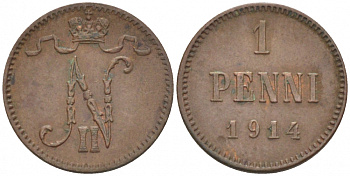 Россия для Финляндии 1 пенни 1914 Николай II (1894-1917) KM 13, Биткин 474 медь 4396-1412