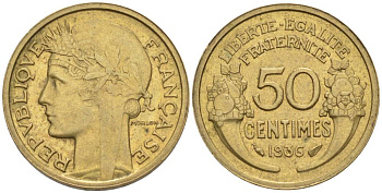 ФРАНЦИЯ 50 САНТИМОВ 1936 ТИП MORLON KM 894.1, LE FRANC 192.12 алюминиевая бронза 44-736