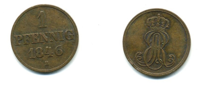 Ганновер 1 пфенниг 1846 A, Эрнст Август (1837-1851) KM 201.2, AKS 130, J. 74 медь 35-959