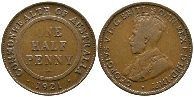 АВСТРАЛИЯ 1/2 ПЕННИ 1921 ГЕОРГ V KM 22 бронза 4384-157
