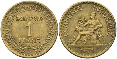 Франция 1 франк 1921 KM 876, Le Franc 218.5 алюминиевая бронза 4142-615