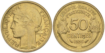 ФРАНЦИЯ 50 САНТИМОВ 1936 ТИП MORLON KM 894.1, LE FRANC 192.12 алюминиевая бронза 44-736