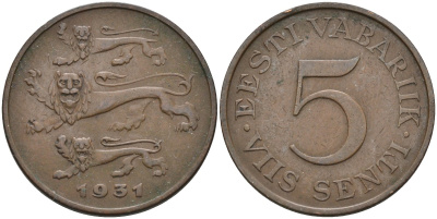 Эстония 5 центов 1931 Республика (1918-1941) KM 11 бронза 4586-1042