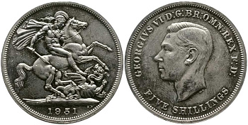 Великобритания 5 шиллингов = 1 крона 1951 Георг VI (1936-1952), фестиваль Британии, Георгий Победоносец KM 880, Spink 4111 медно-никель Prooflike 1518-815