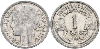 Франция 1 франк 1945 тип Lourde KM 885а, Le Franc 221.6 алюминий 4126-854