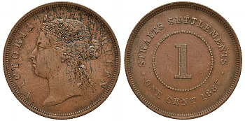 Стрейтс-Сетлментс 1 цент 1887 Виктория (1837-1901) KM 16 бронза 00-00