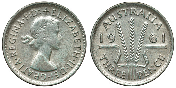 Австралия 3 пенса 1961 m, Елизавета II (1952-2022) KM 57 серебро 71-753