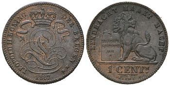 Бельгия 1 сантим 1887 Belgen, Леопольд II (1865-1909) KM 34.1 медь aUNC 4618-1066