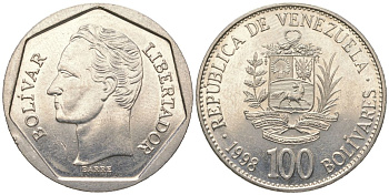 Венесуэла 100 боливаров 1998 Симон Боливар KM 78.1, Schon 88 сталь плакированная никелем aUNC 4364-414