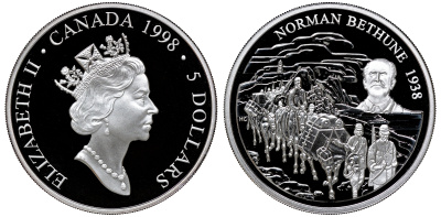 Китай и Канада, набор из 2 монет: 10 юаней 1998 и 5 долларов 1998, 60 лет прибытию канадского хирурга Нормана Бетьюна в Китай, в оригинальной коробке с сертификатом, встречаются только в PROOF наборах KM 1157, 316 серебро PROOF 4-3-2-03