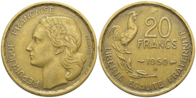 ФРАНЦИЯ 20 ФРАНКОВ 1950 В, 4 ПЕРА KM 917.2, LE FRANC 402.4 алюминиевая бронза 3856-423