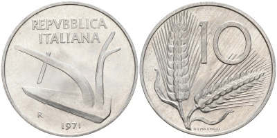Италия 10 лир 1971 R, колосья, плуг KM 93 алюминий UNC 86-844