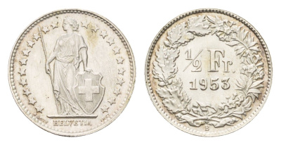 Швейцария 1/2 франка 1953 B KM 23 серебро UNC 4124-734