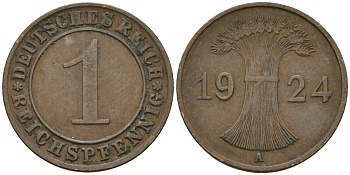 Германия 1 рейхспфенниг 1924 A KM 37, J. 313 бронза 4189-1048