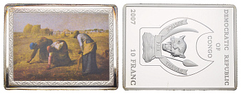 Конго 10 франков 2007 серия шедевры мировой живописи, крестьянки, размер 35Х46 мм., цветная эмаль KM NEW медно-никель PROOF 01-238-22
