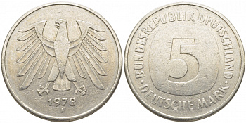 ФРГ 5 МАРОК 1978 J, KM 140.1, J. 415 медно-никель плакированный никелем 109-921