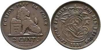 БЕЛЬГИЯ 2 САНТИМА 1836 BELGES KM 4.2 медь 95-714