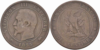 ФРАНЦИЯ 10 САНТИМОВ 1855 D, НАПОЛЕОН III (1852-1870) KM 771.4, LE FRANC 133.25 бронза 38-1121