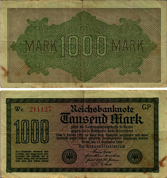 ГЕРМАНИЯ 1000 МАРОК 1922 15 СЕНТЯБРЯ 1922, ВОДЯНОЙ ЗНАК J, ЗЕЛЕНАЯ БУМАГА Pick 76g бумага 3295-48-1-2