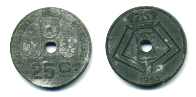 БЕЛЬГИЯ 25 САНТИМОВ 1945 BELGIE-BELGIQUE KM 132 цинк 86-1032