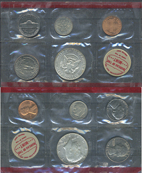 США набор из 5 монет (1, 5, 10 (дайм), 25 (квотер, 1/4 доллара) и 50 (1/2 доллара) центов) и отметки монетного двора 1968 D, в оригинальной упаковке, в запайке KM MS121 (164a, A192, 195a, 201 и 202a) UNC 8-2-06-06