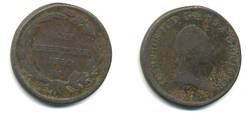 АВСТРИЯ 1 КРЕЙЦЕР 1780 W, ЖОЗЕФ II (1765-1780) KM 2056 медь 00-00