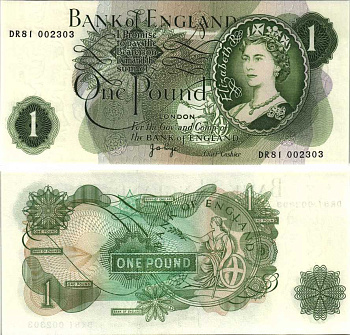 АНГЛИЯ 1 ФУНТ 1970-1977 ПОДПИСЬ J.B. PAGE Pick 374g бумага UNC (ПРЕСС) 7214-2-1-1