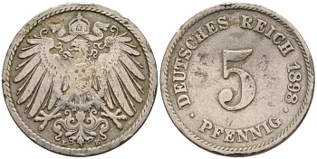 Германия 5 пфеннигов 1898 E KM 11, J. 12 медно-никель 4393-1226