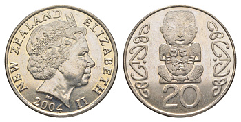 Новая Зеландия 20 центов 2004 Елизавета II (1952-2022), идол Пукаки KM 118 медно-никель UNC 4187-1212