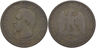 Франция 10 сантимов 1855 B, Наполеон III (1852-1870) KM 771.2, Le Franc 133.21 бронза 97-1045