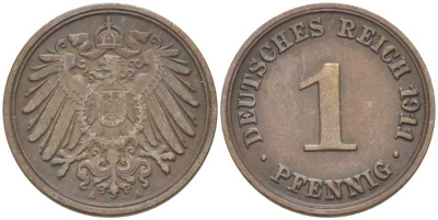 Германия 1 пфенниг 1911 A KM 10, J. 10, Weege 2 медь 112-1118