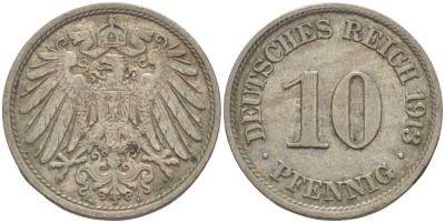 Германия 10 пфеннигов 1913 J KM 12, Jager 13, Weege 8 медно-никель 33-647