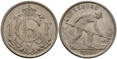 Люксембург 1 франк 1946 Шарлотта (1918-1964), сталевар KM 46.1 медно-никель 4603-1113