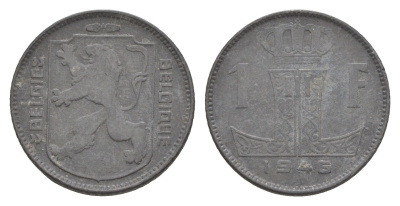 Бельгия 1 франк 1946 Belgie - Belgique, Леопольд III (1934-1947), германская оккупация, Вторая мировая война KM 128 цинк 4649-563