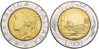 ИТАЛИЯ 500 ЛИР 1987 R, КРИВИНАЛЬСКИЙ ДВОРЕЦ В РИМЕ KM 111 биметалл 4551-544