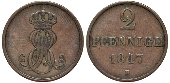 Ганновер 2 пфеннига 1847 B, Эрнст Август (1837-1851) KM 202.1, AKS 124, J. 75 медь 75-1846