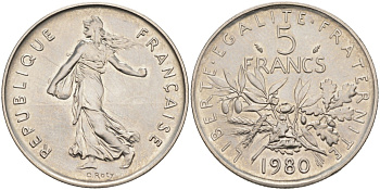 Франция 5 франков 1980 сеятель KM 926а, Le Frank 341.12 никель UNC 69-744