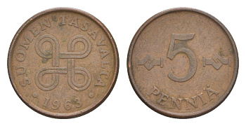 Финляндия 5 пенни 1963 KM 45 медь 4647-253